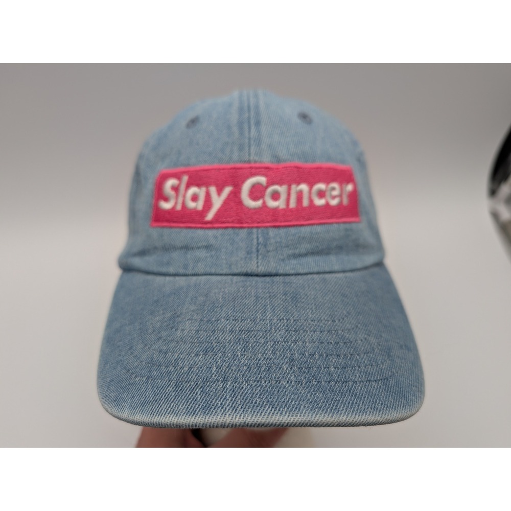 Newhattan Slay Cancer Denim Baseball Cap Light Wash Blue Pink Box Logo Hat